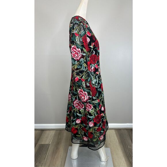 NWT TERI JON Floral-embroidered Illusion Midi-dress In Black Multi US18 $650 - Picture 9 of 11